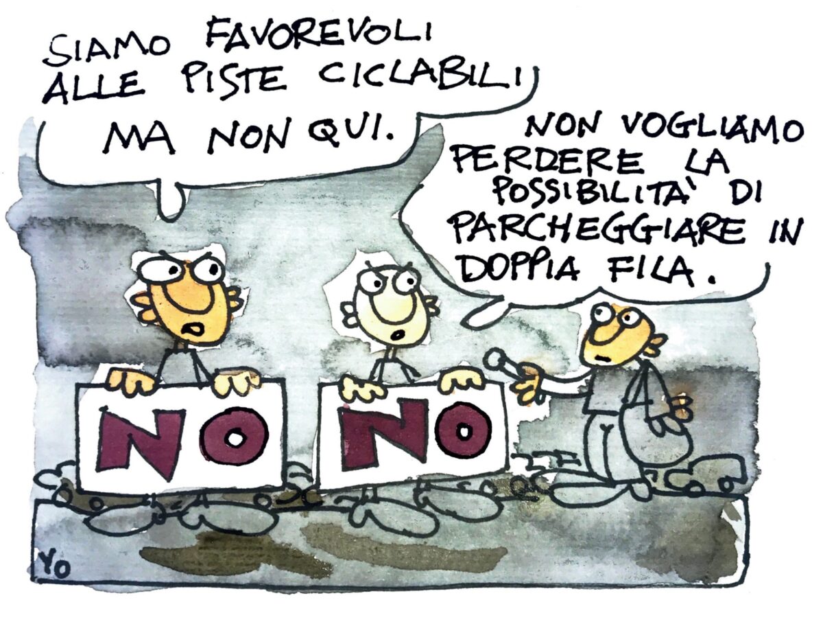 siamo-favorevoli-alle-piste-ciclabili-ma-non-qui-perdiamo-il-parcheggio-in-doppia-fila-vignetta-by-yo-da-benzinazero-di-gianni-lombardi