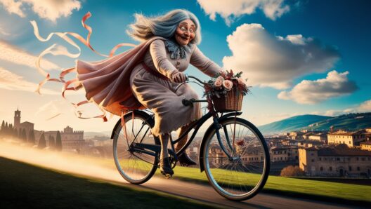 Befana in bici sulle colline di (circa) Verona (generata da leonardo.ai)