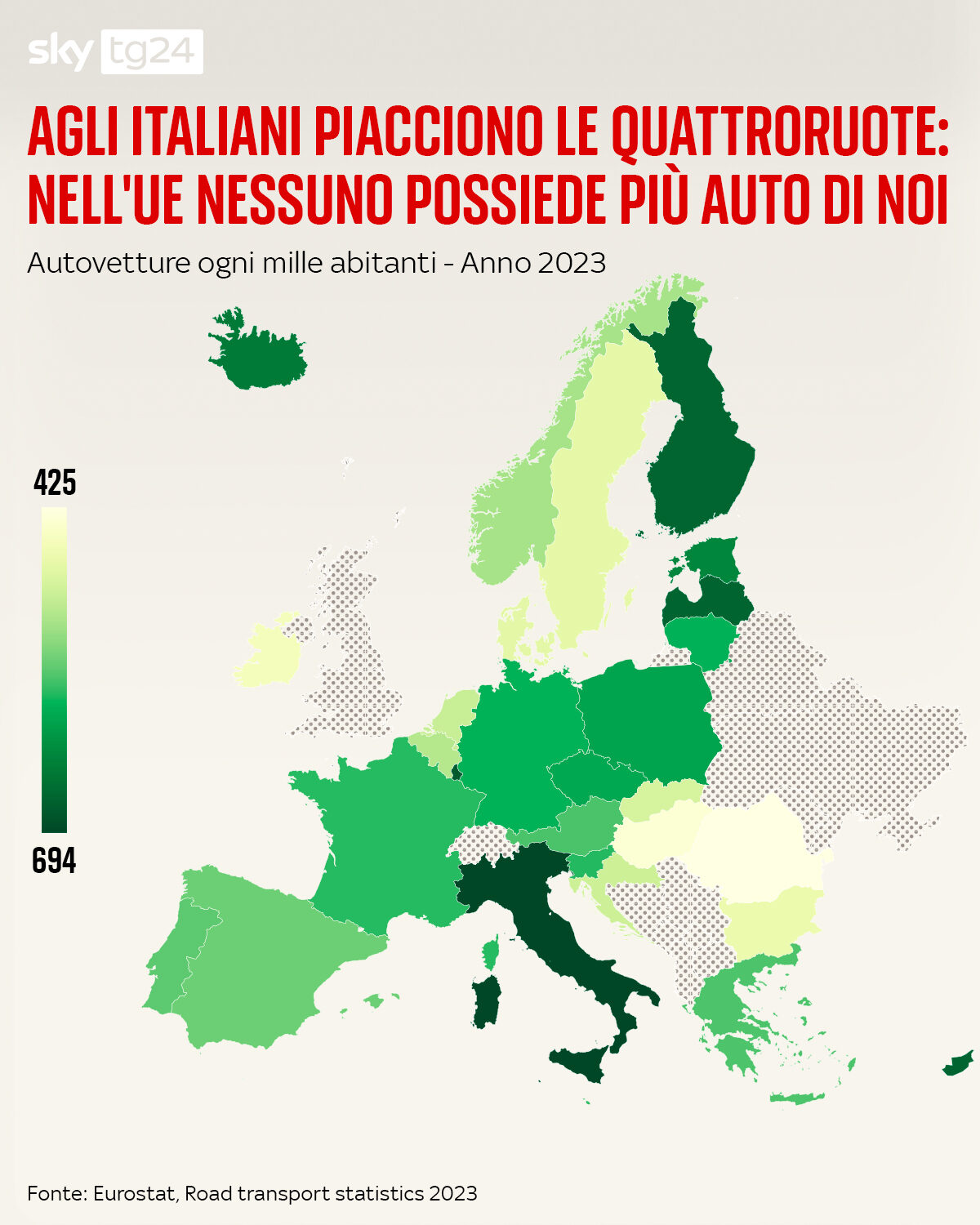 Autovetture ogni mille abitanti (da benzinazero - SkyTG24 - fonte Eurostat, Road transport statistics 2023)